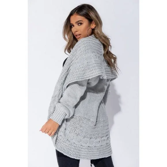 Grey Chunky Cable Knit Long Sleeve Shawl Collar Open Front Midi Cardigan - Picture 4 of 11